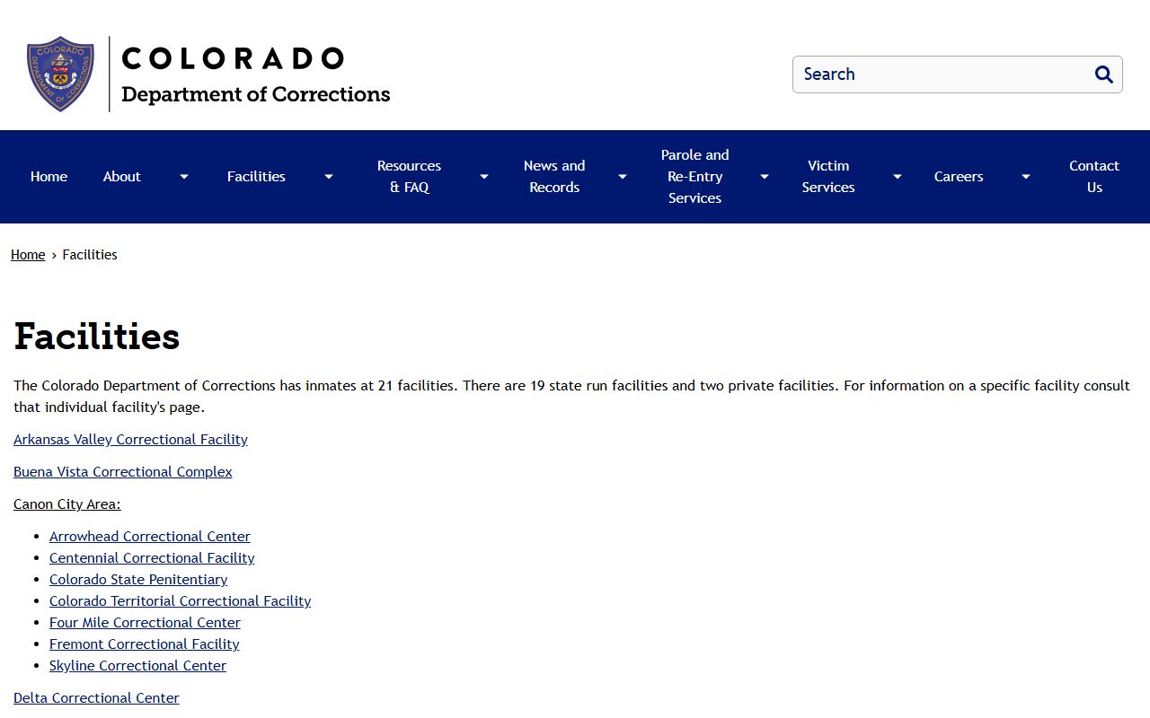 CDOC facilities page listing Colorado state prisons and campuses
