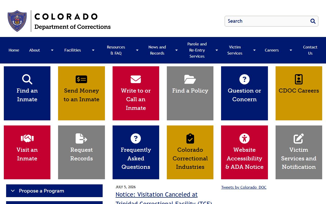 Colorado Department of Corrections home page for statewide inmate population resources