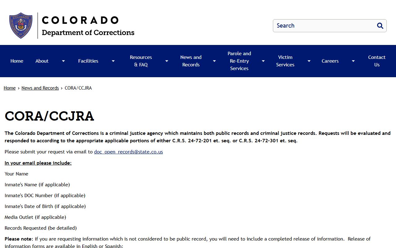 CDOC CORA and CCJRA records request page