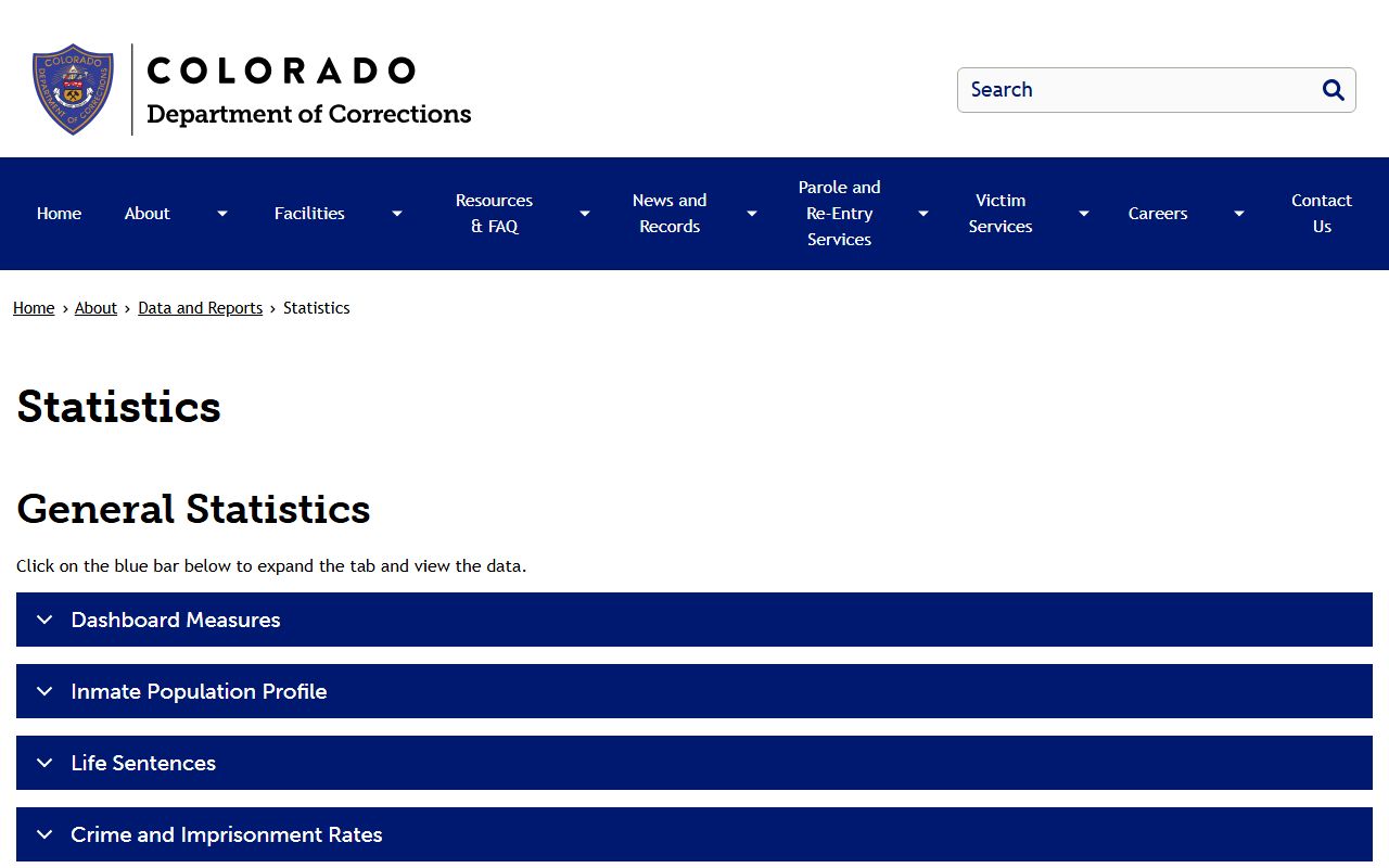 CDOC statistics page with monthly population and capacity report links