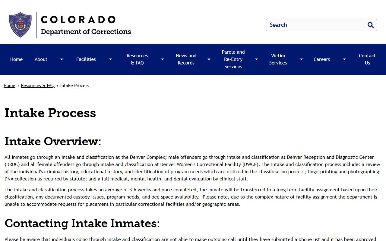 CDOC intake process page for reception and classification