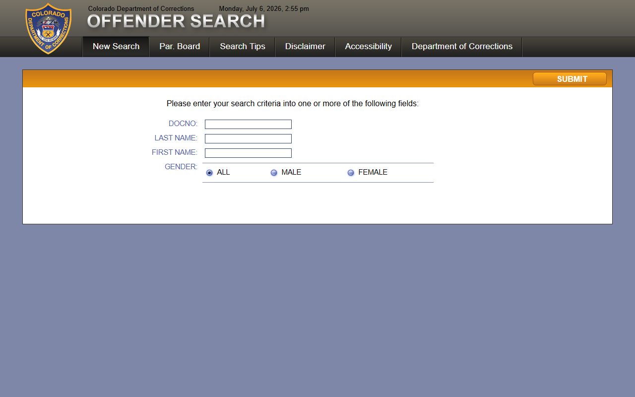 CDOC Offender Search form with DOC number and name fields