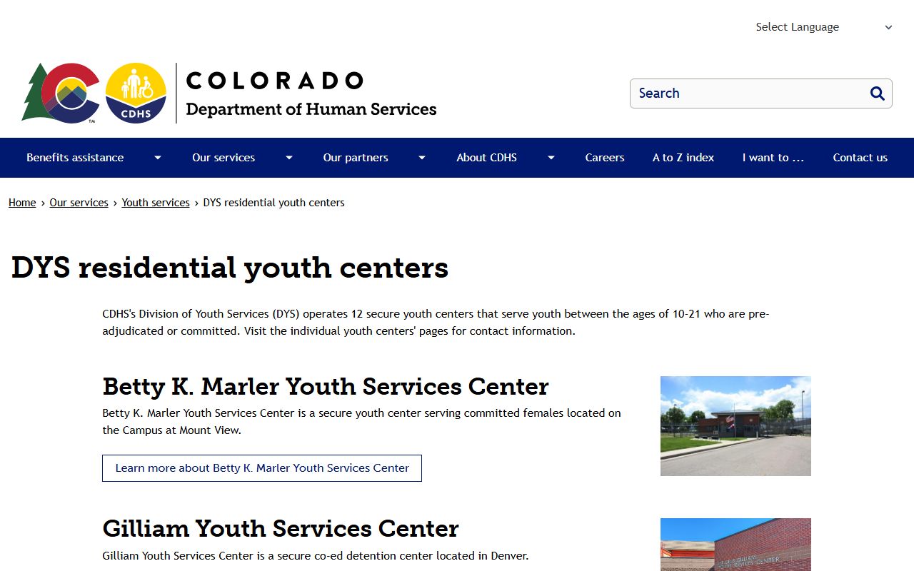 Colorado Division of Youth Services residential youth centers page