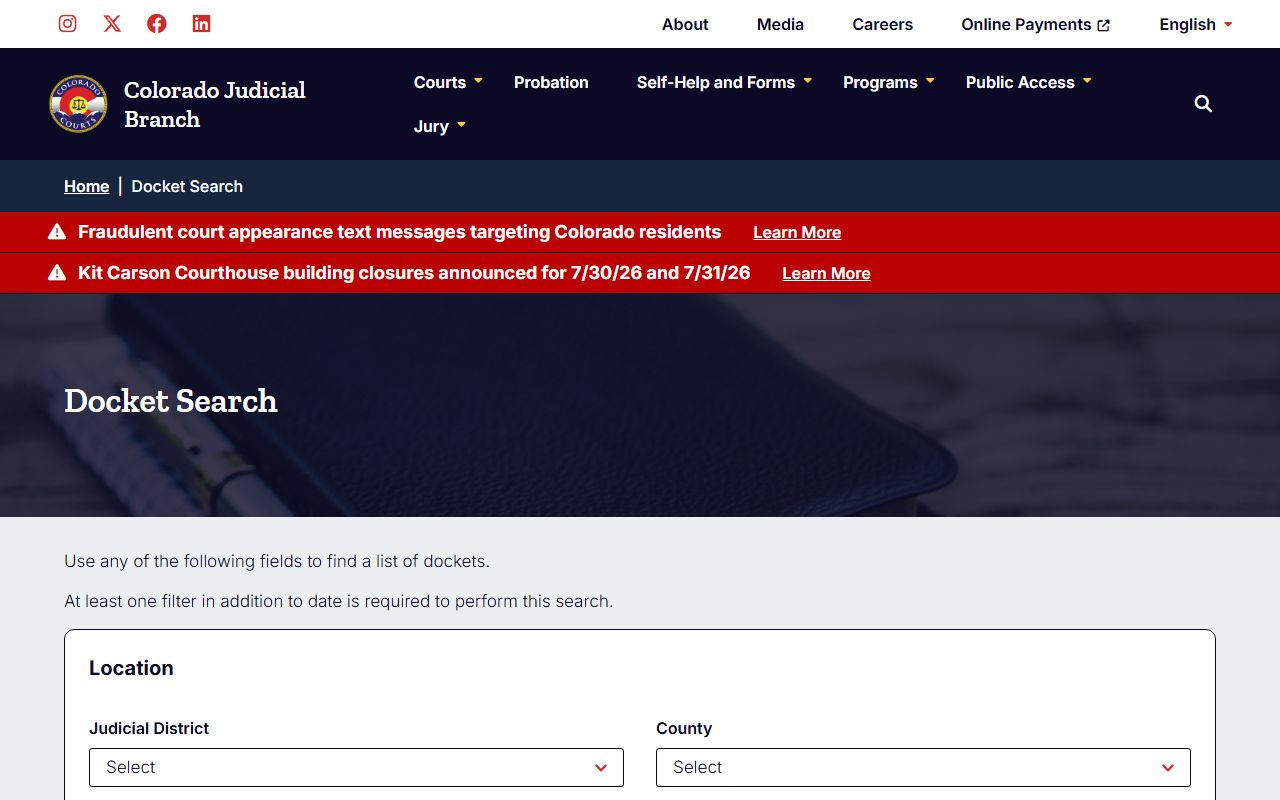 Colorado Judicial Branch statewide docket search page