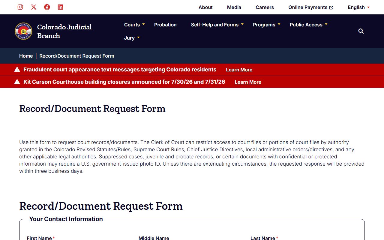 Colorado Judicial Branch record document request form