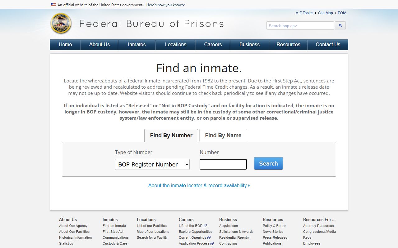 Federal Bureau of Prisons inmate locator page for federal custody searches